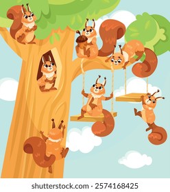 Funny Squirrel Animal Character with Bushy Tail on Tree Vector Illustration