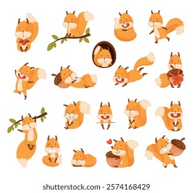 Funny Squirrel Animal Character with Bushy Tail Vector Set