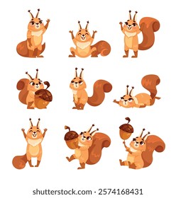 Funny Squirrel Animal Character with Bushy Tail Vector Set