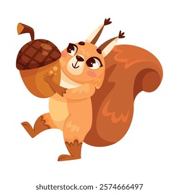 Funny Squirrel Animal Character with Bushy Tail Hold Acorn Vector Illustration