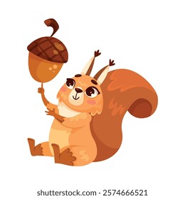 Funny Squirrel Animal Character with Bushy Tail Hold Acorn Vector Illustration