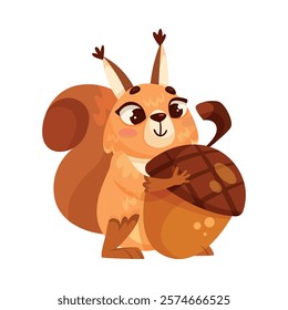 Funny Squirrel Animal Character with Bushy Tail Hold Acorn Vector Illustration