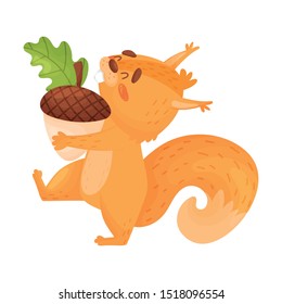 Funny Squirrel Carrying A Nut Vector Illustration On White Background.