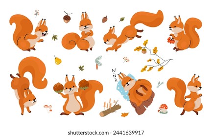 Funny squirrel. Cartoon forest red squirrels with nuts. Emotional animal run, jump, sleep and laughing. Cute children mascots nowaday vector clipart