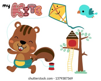 Funny squirrel cartoon playing kite with little bird and tree house