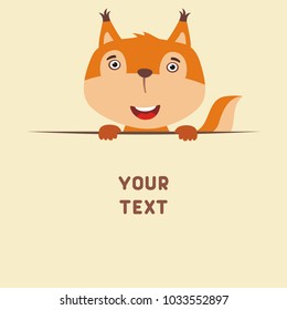 Funny squirrel in cartoon style looks out from behind field for your text. Template for card, invitation or greeting.