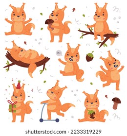 Funny Squirrel Character with Bushy Tail Engaged in Different Activity Vector Set