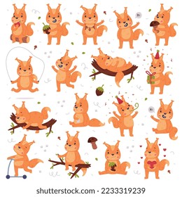 Funny Squirrel Character with Bushy Tail Engaged in Different Activity Vector Set