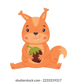 Funny Squirrel Character with Bushy Tail Sitting with Acorn Vector Illustration