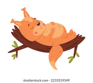 Funny Squirrel Character with Bushy Tail Sleeping on Tree Branch Vector Illustration