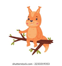Funny Squirrel Character with Bushy Tail Sitting on Tree Branch Vector Illustration