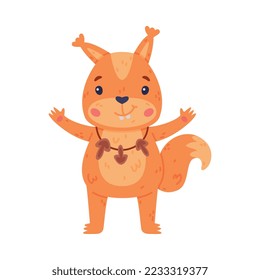 Funny Squirrel Character with Bushy Tail Wearing Mushroom Necklace Vector Illustration