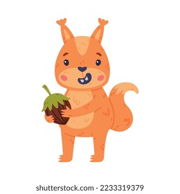 Funny Squirrel Character with Bushy Tail Holding Acorn and Smiling Vector Illustration