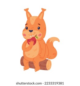 Funny Squirrel Character with Bushy Tail Sitting on Log and Eating Apple Vector Illustration