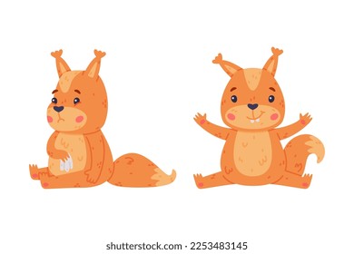 Funny Squirrel Character with Bushy Tail Smiling and Sitting with Sad Face Vector Set