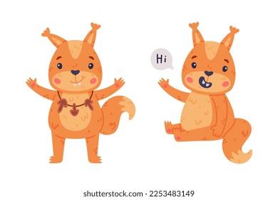 Funny Squirrel Character with Bushy Tail Saying Hi and Standing with Open Paws Vector Set