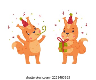 Funny Squirrel Character with Bushy Tail Blowing Whistle and Holding Gift Box Vector Set