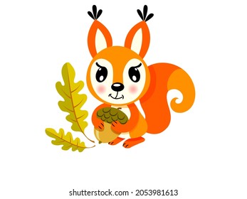 Funny squirrel character holding his favorite acorn in his paws, vector illustration