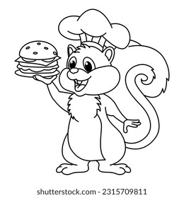 Funny squirrel chef cartoon vector coloring page