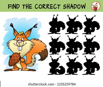 Funny squirrel with a cone. Find the correct shadow. Educational matching game for children. Cartoon vector illustration