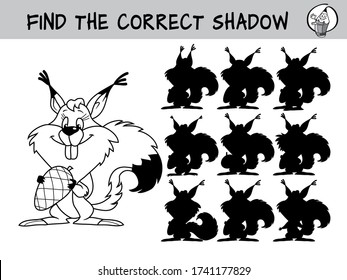 Funny squirrel with a cone. Find the correct shadow. Educational matching game for children. Black and white cartoon vector illustration