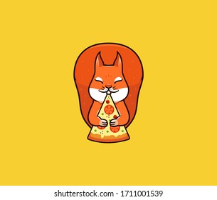 The funny squirrel eats pizza, logo. Satisfied character, food logotype, badge, sticker, emblem on yellow background. Vector illustration, flat, line art style, creative design