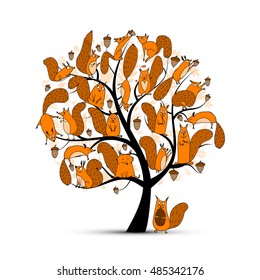 Funny squirrel family, art tree for your design