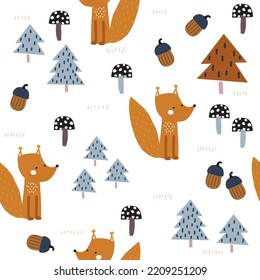 Funny squirrel in the forest seamless pattern. Childish print. Vector hand drawn illustration.