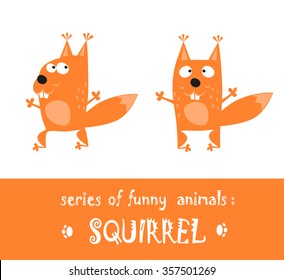 Funny squirrel hand drawn in cartoon style isolated on white background. Vector illustration