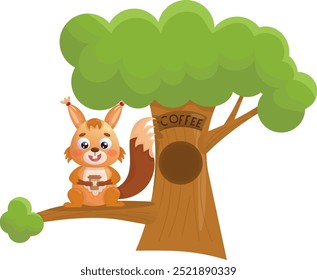 Funny squirrel holding cup of coffee while sitting on a tree branch. Vector illustration for designs, prints and patterns. Vector illustration