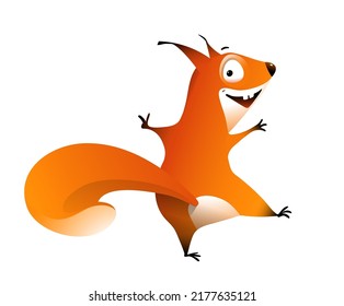 Funny Squirrel laughing and dancing clipart, cute crazy squirrel illustration for children. Funny adorable animal cartoon for kids. Isolated vector clipart.