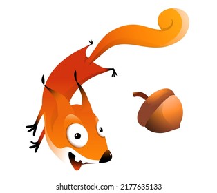 Funny Squirrel laughing running and jumping clipart, cute crazy squirrel illustration for children. Funny adorable animal cartoon for kids. Isolated vector clipart.