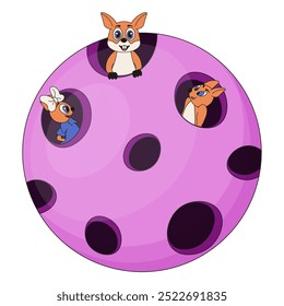 Funny squirrel in the lunar crater isolated transparent background. Pink moon and cute animal. Vector art can used children's book illustration t-shirt print design.