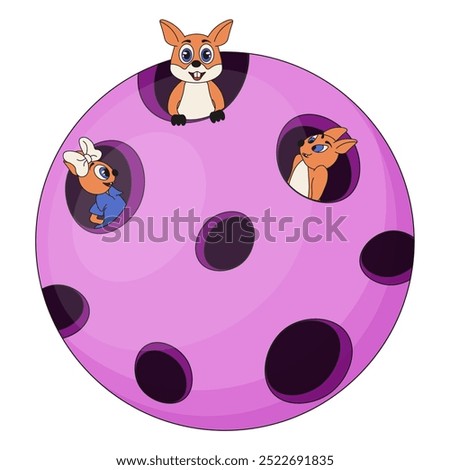 Funny squirrel in the lunar crater isolated transparent background. Pink moon and cute animal. Vector art can used children's book illustration t-shirt print design.