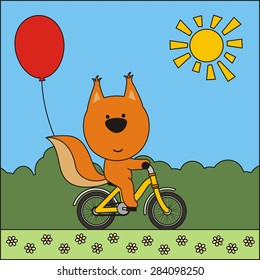Funny squirrel on bike with red balloon.