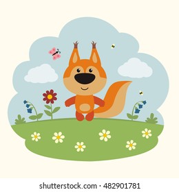 Funny squirrel on flowers field in cartoon style.
