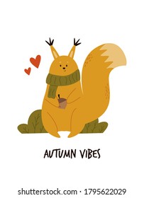 Funny squirrel in scarf with nut. Forest animal. Vector illustration. Nursery art, design
