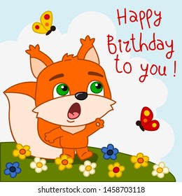 Funny squirrel singing song Happy birthday to you - greeting card
