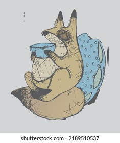 A funny squirrel sits on its tail and drinks tea from a large mug. Vector.