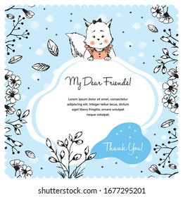 Funny squirrel sketch with a shape for text, with grass and leaves around, hand-drawn.
