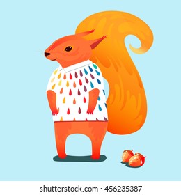 Funny squirrel. Vector background with cute cartoon character and nuts.
