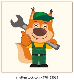 Funny squirrel in wearing overalls with the large wrench on her shoulder in cartoon style shows like.