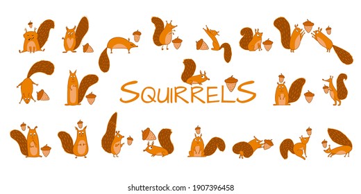 Ardillas divertidas con nuez, colección para tu diseño. Ilustración del vector