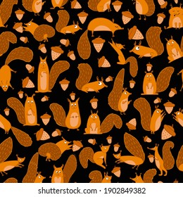 Funny squirrels with nut, seamless pattern. Vector illustration