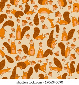 Funny squirrels with nut, seamless pattern. Vector illustration