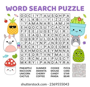 Funny squishmallow. Word search game puzzle for kids. Squishmallow. English words. Cartoon, kawaii. Isolated vector illustration eps 10