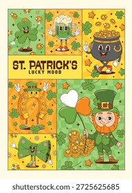Divertido día de San Patricio groovy carteles de personajes de dibujos animados lindo duende, trébol de la suerte y cerveza verde. Cartel retro del día de San Patricio del Vector de trébol groovy, olla de oro de duende, personajes de herradura