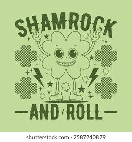 Funny St. Patrick's Day Clover Cartoon Character Shamrock And Roll T Shirt Design