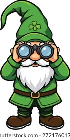 Divertido personaje del gnomo del duende del día de San Patricio con binoculares.