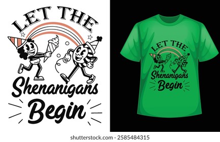 Funny St. Patrick's day Let The Shenanigans Begin inspirational quotes Typography T-shirt Design with Vector Illustration. Lettering quotes text print for t shirt, holiday, posters, stickers, flyers